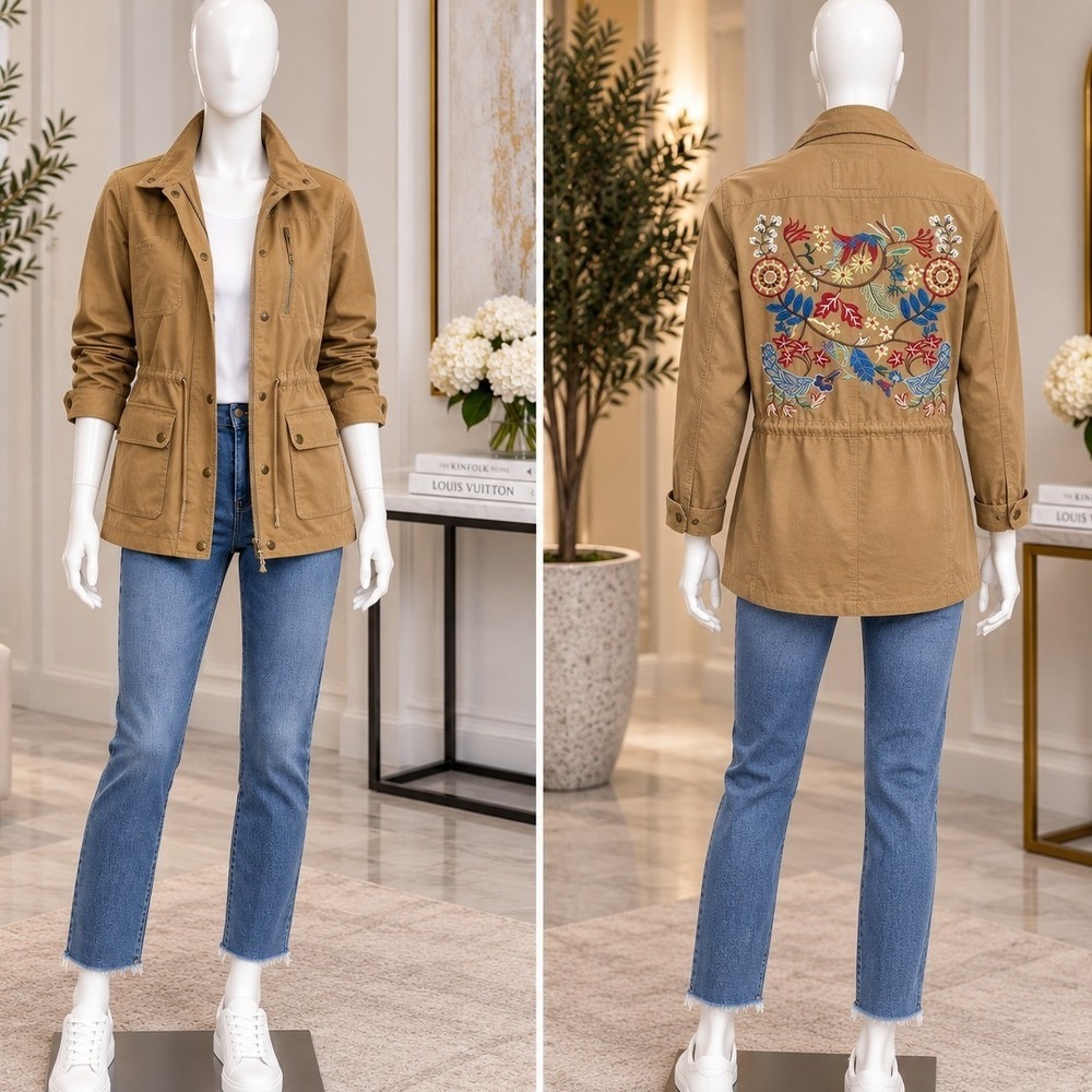 Hayden Women Utility Jacket Tan Floral Embroidered Back Drawstring Size Small